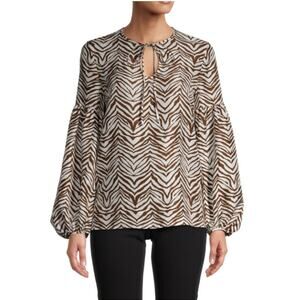 LAFAYETTE 148 WOMENS XXLARGE LUPE CHEVRON ZEBRA-PRINT POPOVER BLOUSE WHITE BROWN